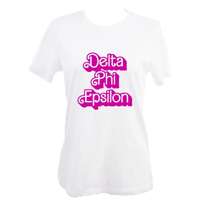 Delta Phi Epsilon T-Shirt- Retro Dolly Sorority Name Design, Relaxed Fit-- Silk Blend Satin Velvet