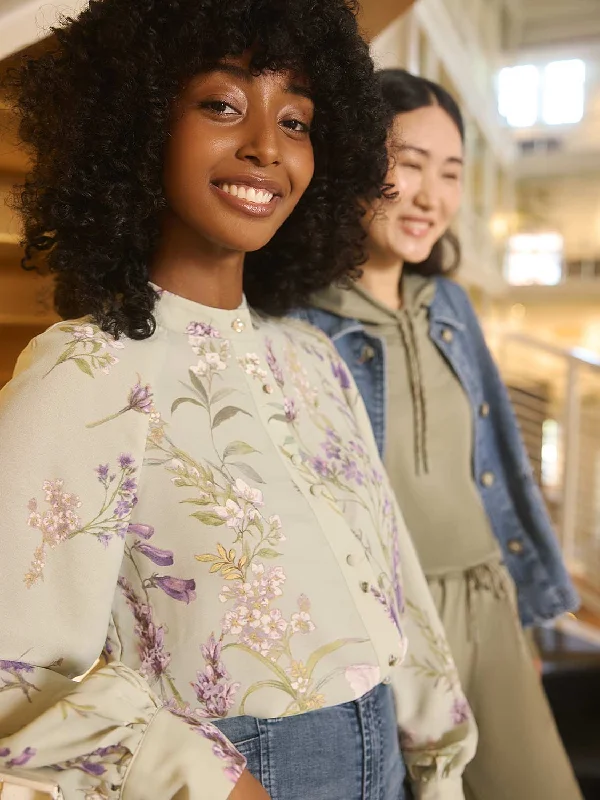Floral Print Round Collar Chiffon Blouse Mandarin Collar Blouse