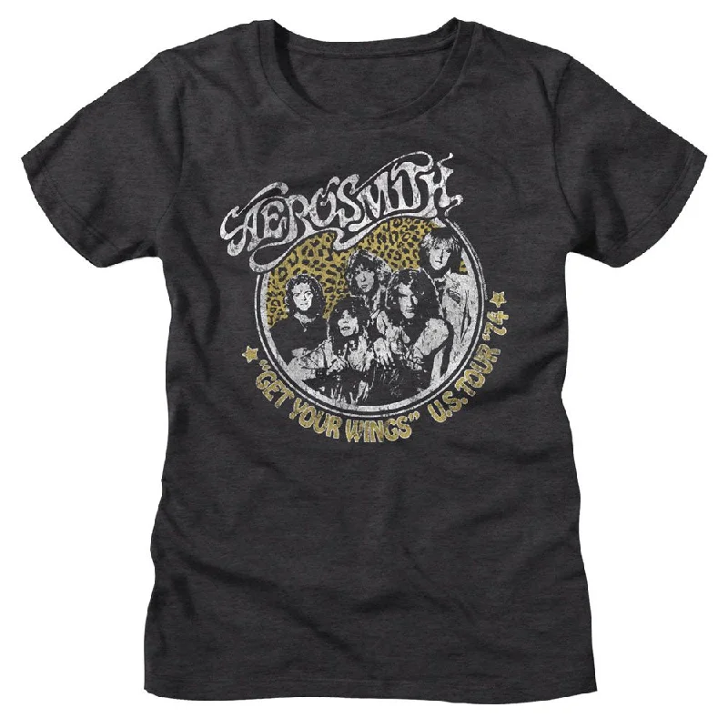 Women Exclusive AEROSMITH T-Shirt, Get Your Wings-- Asymmetrical Pockets Print