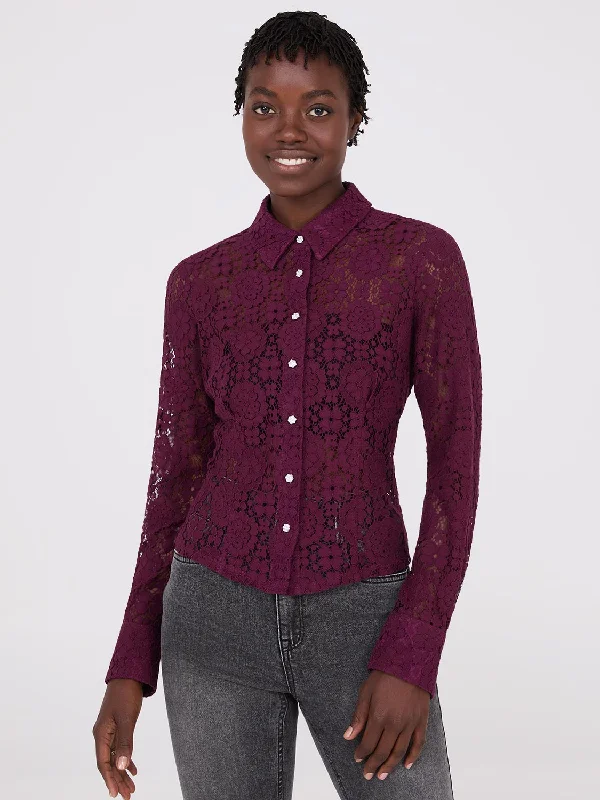 Lace Button-Front Fitted Blouse Classic Minimalist Blouse