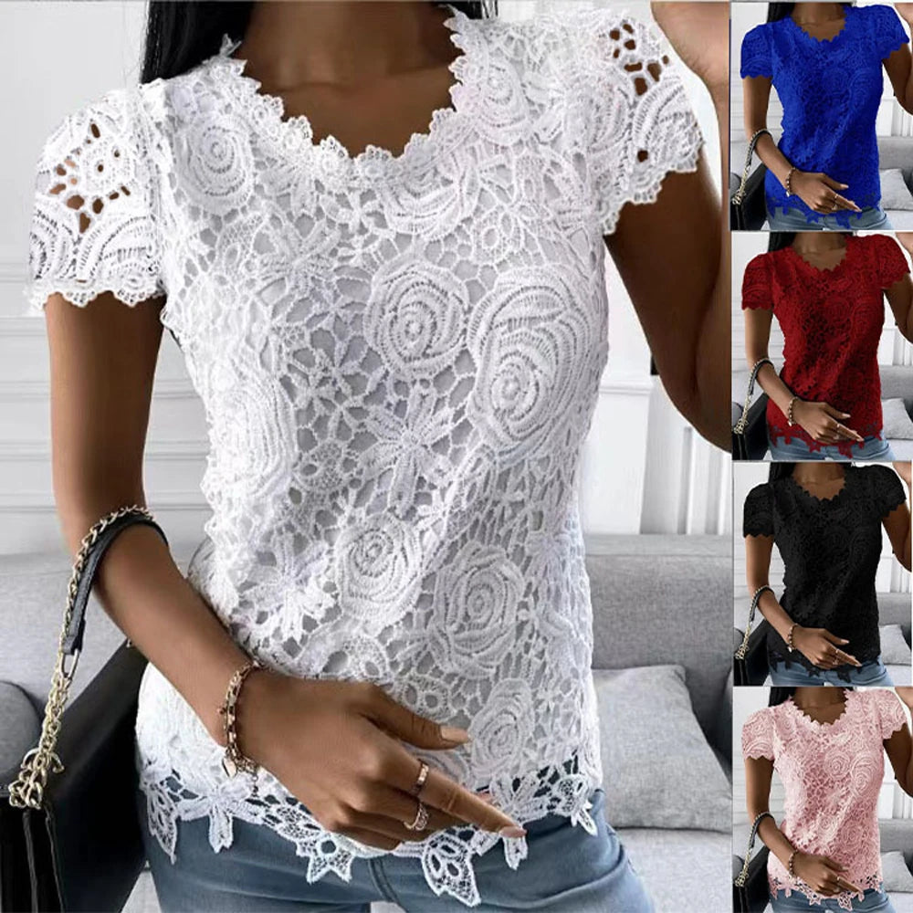 Women Lace Blouse Tops Summer V Neck Short Sleeve Lace Patchwork OL Blouse Shirts Chic Sleeveless Blouse