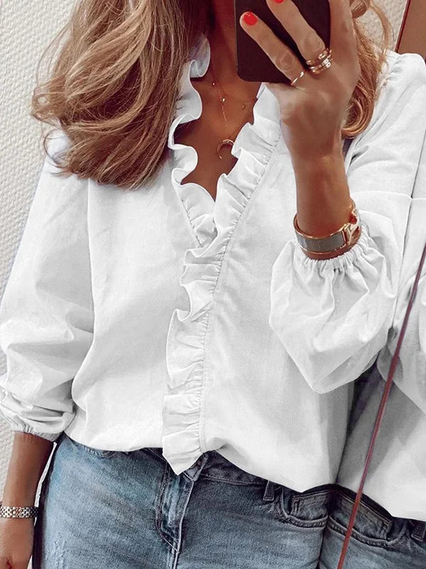 Puff Sleeves Falbala Solid Color V-Neck Blouses L 108782 Loose Fit Blouse