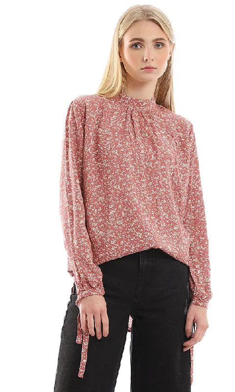 96793 Floral Full Sleeves Blouse With Back Buttons - Pink Double Button Blouse