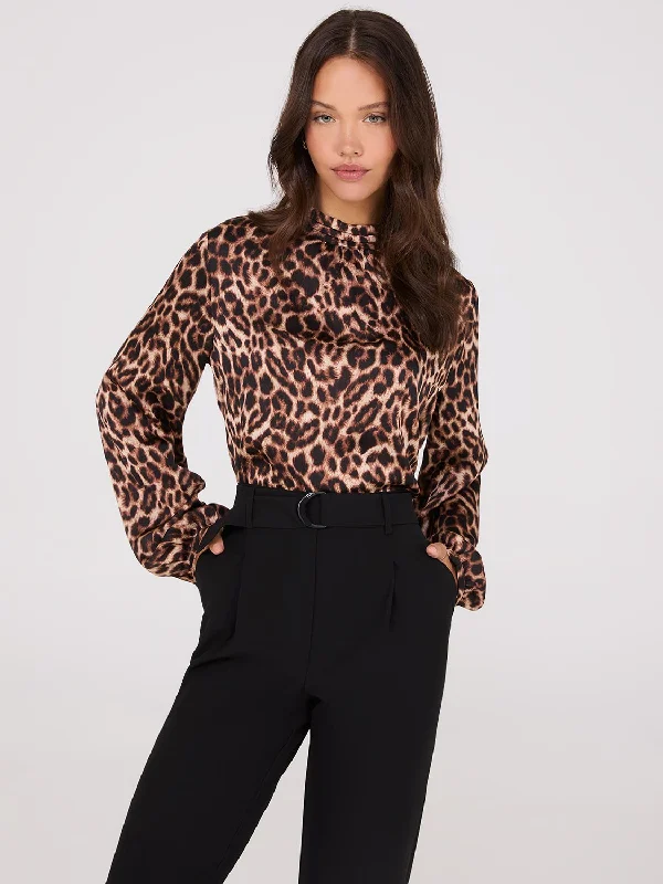 Animal Print Mock Neck Satin Popover Blouse Double Button Blouse