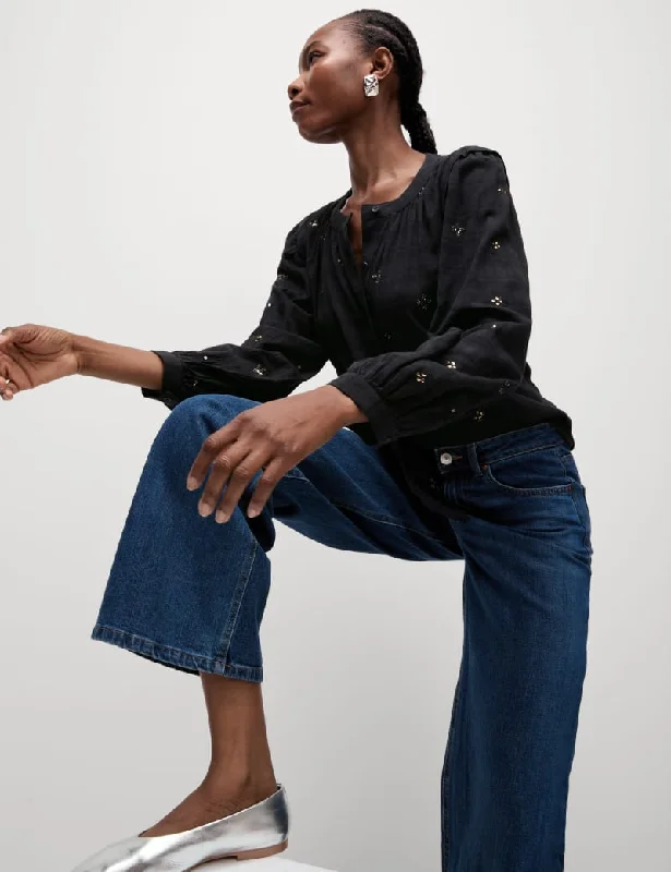 Cotton Blend Embellished Blouse Versatile Layering Blouse