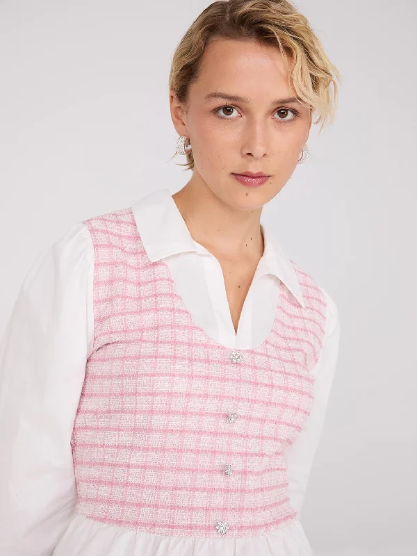 2-Fer Plaid Boucle Vest With Blouse Floral Chiffon Blouse