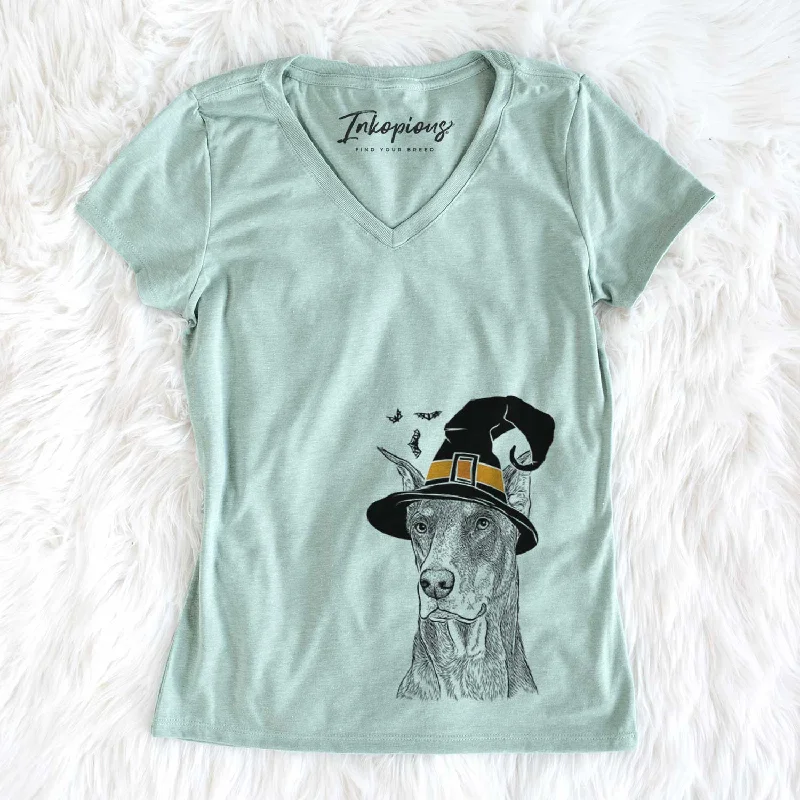 Witch RJ the Doberman Pinscher - Women's V-neck Shirt-- Zippered Buttoned Snapped