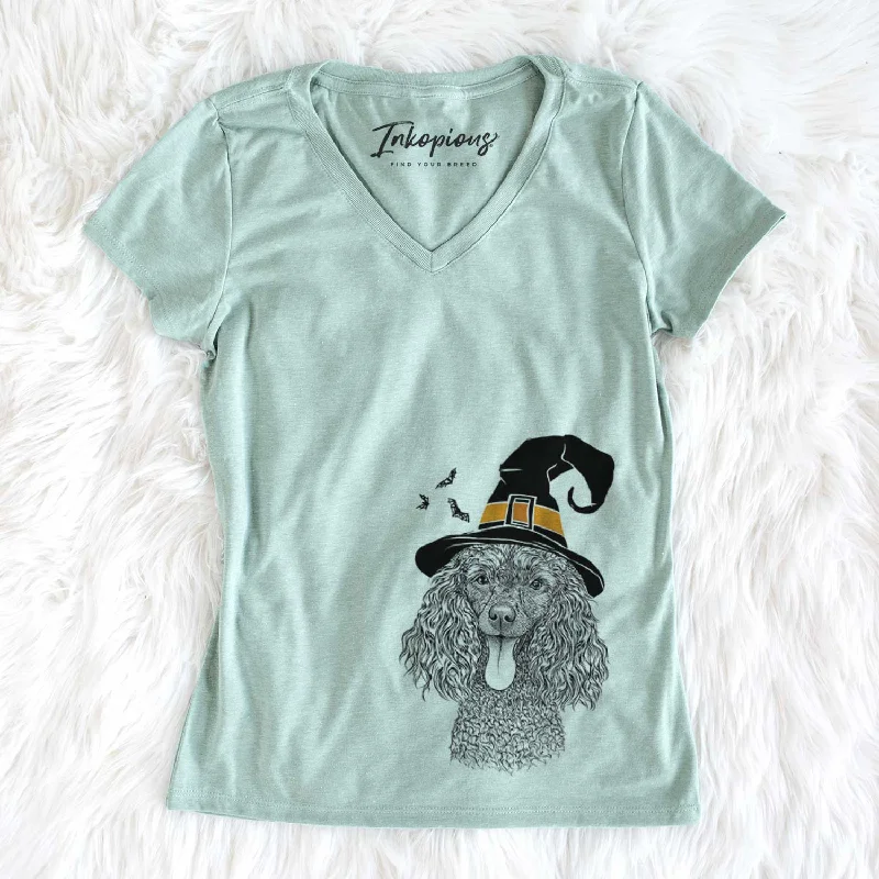 Witch Teddy the Mini Poodle - Women's V-neck Shirt-- Hooded Caped Shawl Collar