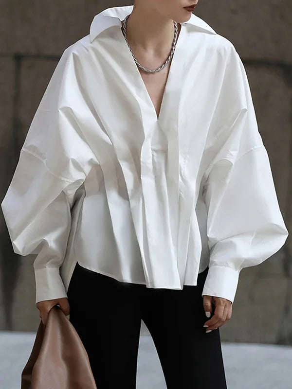 Original Creation Long Sleeves Loose Pleated Solid Color Lapel Collar Blouses&Shirts Tops 108869 Peter Pan Blouse