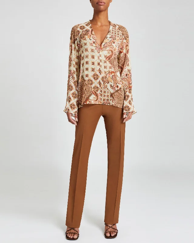 ZURI V-Neck Blouse with Flared Long Sleeves in Printed Georgette Stretchy Fitted Blouse