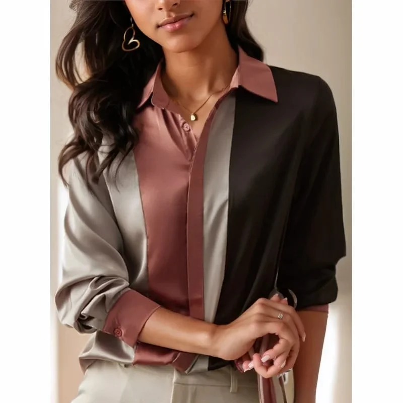 Vintage Long Sleeve Satin Blouse Women Autumn Polo Collar Button Up Shirt L S3777627 Modern Work Blouse