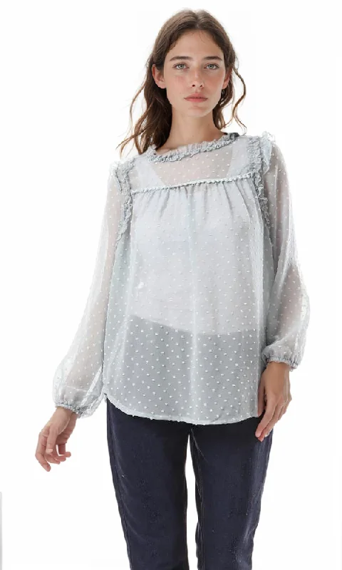 57074 Ruffle Neck Zipped Back Mint Green Sheer Blouse Soft Satin Blouse