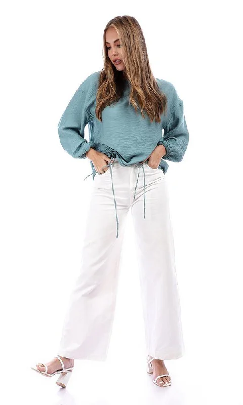 95378 Slub Pattern Wasit Drawstring Blouse - Turquoise Peter Pan Collar Blouse