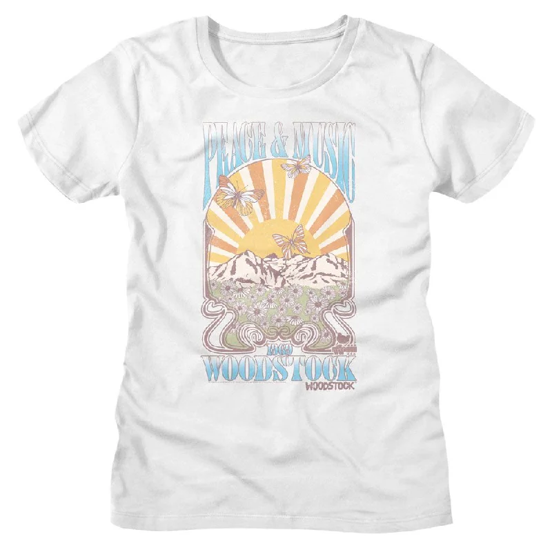 WOODSTOCK T-Shirt for Ladies, Peace And Music Landscape-- Embroidered Appliqued Beaded