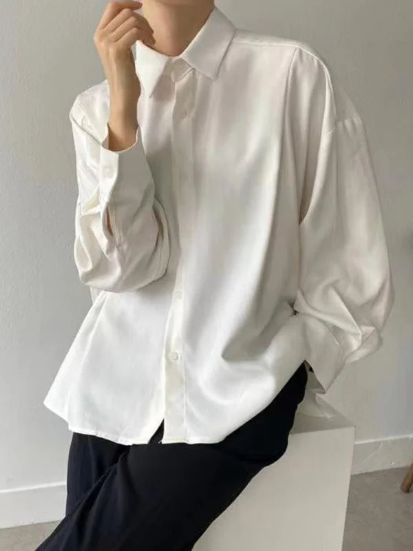Simple Long Sleeves Loose Buttoned Pleated Solid Color Lapel Collar Blouses&Shirts Tops 112646 Embellished Collar Blouse
