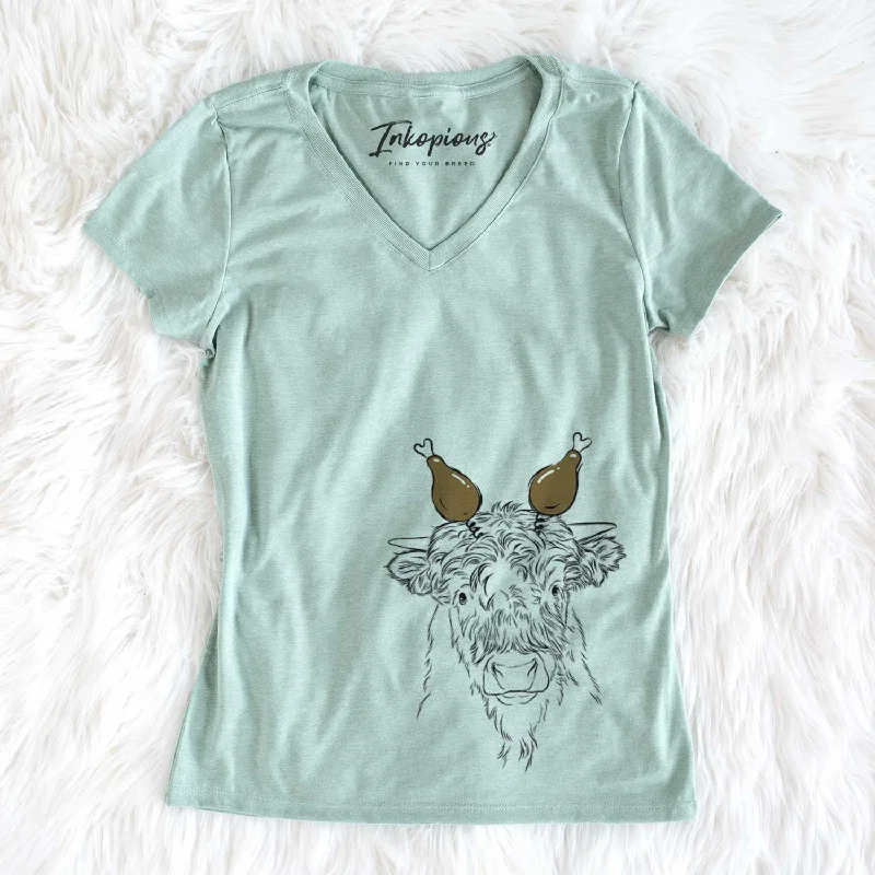 Thanksgiving Mack the Scottish Highland Cow - Women's V-neck Shirt-- Front Pockets Side Pockets Patch Pockets