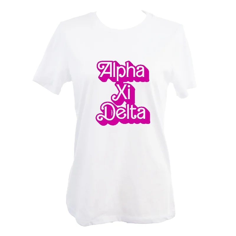 Alpha Xi Delta T-Shirt- Retro Dolly Sorority Name Design, Relaxed Fit-- Iron Safe Non-Iron Wrinkle Free