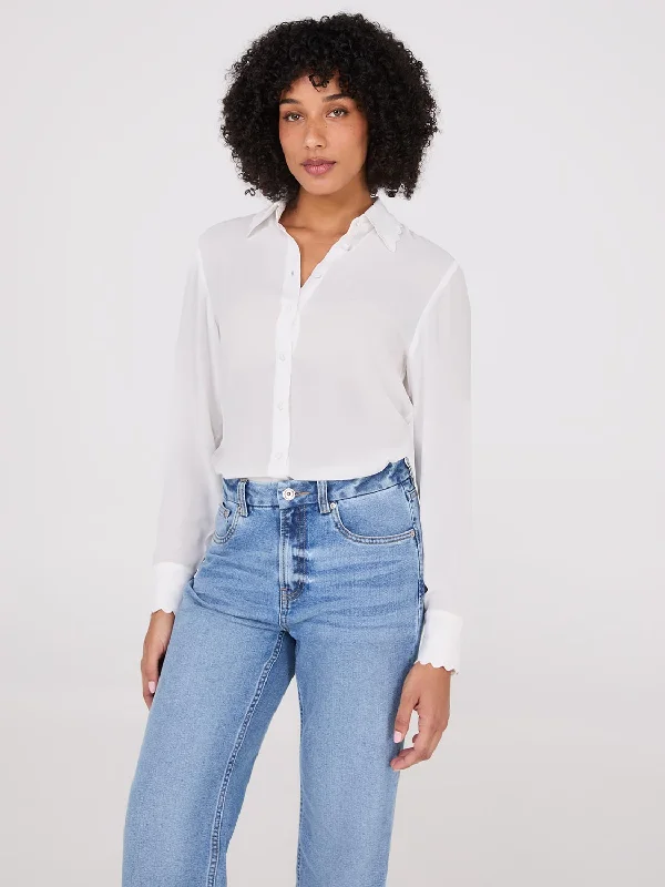 Scalloped Button-Front Blouse Satin Drape Blouse