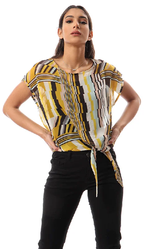 57148 Multicolour Sheer Chiffon Blouse With Front Tie Silky Draped Blouse