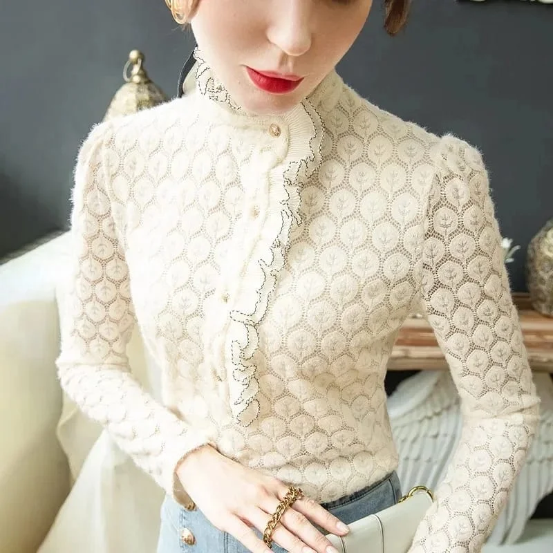 Women's Thick Thin Lace Blouse 3XL S5038088 Elegant Semi-Sheer Blouse