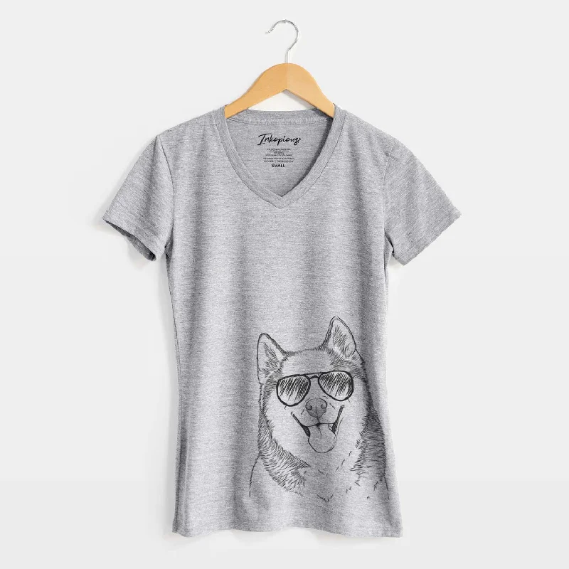 Aviator Teak the Siberian Husky - Women's V-neck Shirt-- Zippered Front Buttoned Front Snap Front