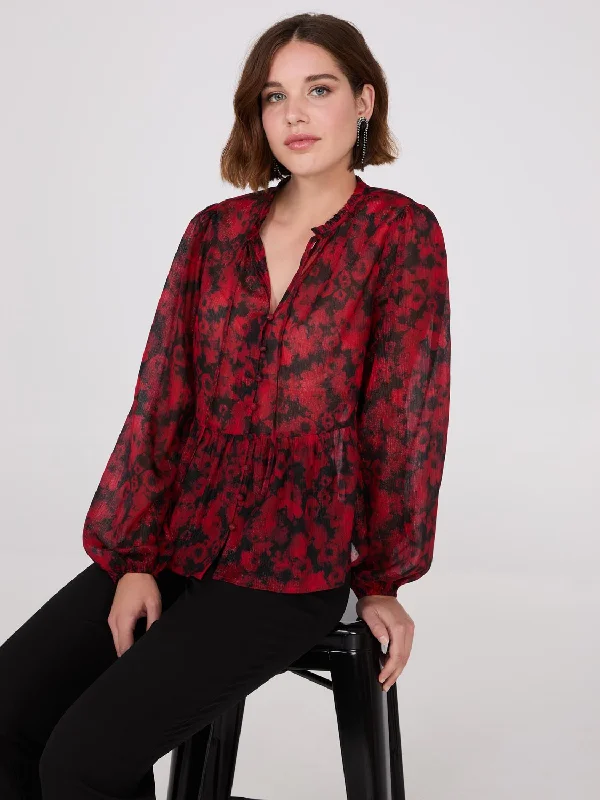 Shimmer Floral Print Peplum Blouse Vintage Lace Blouse