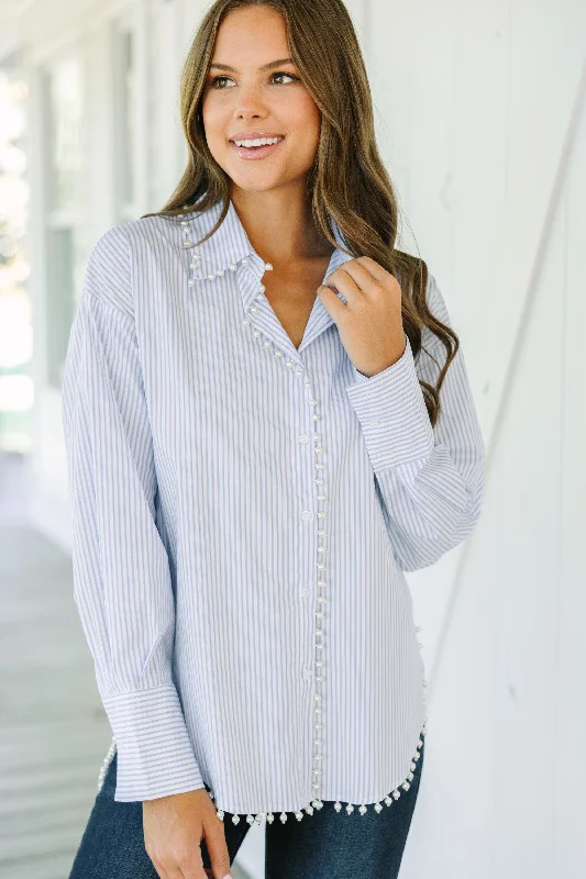 Care To Be Classic Light Blue Striped Button Down Blouse Gathered Detail Blouse