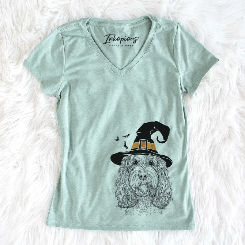 Witch Chloe the Cockapoo - Women's V-neck Shirt-- Knit Fabric Woven Fabric Fleece Fabric