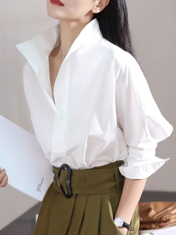 Long Sleeves Loose Solid Color Lapel Collar Blouses & Shirts Tops 121839 Elegant Lace Blouse