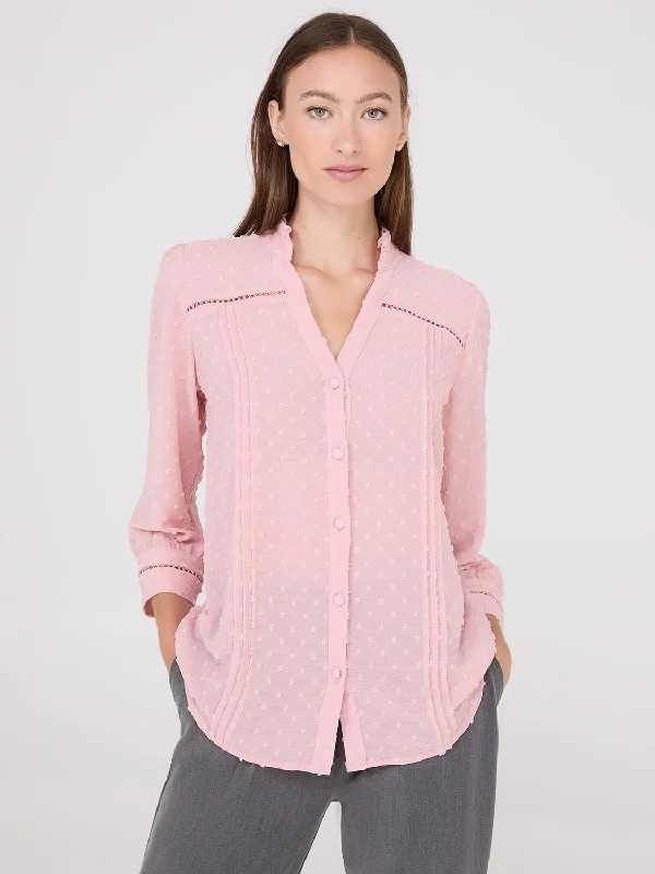 Textured Split Collar Button-Front Blouse Oversized Silk Blouse