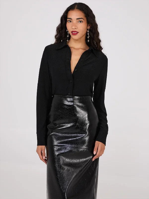 Shimmer Button-Front Blouse Short Sleeve Blouse