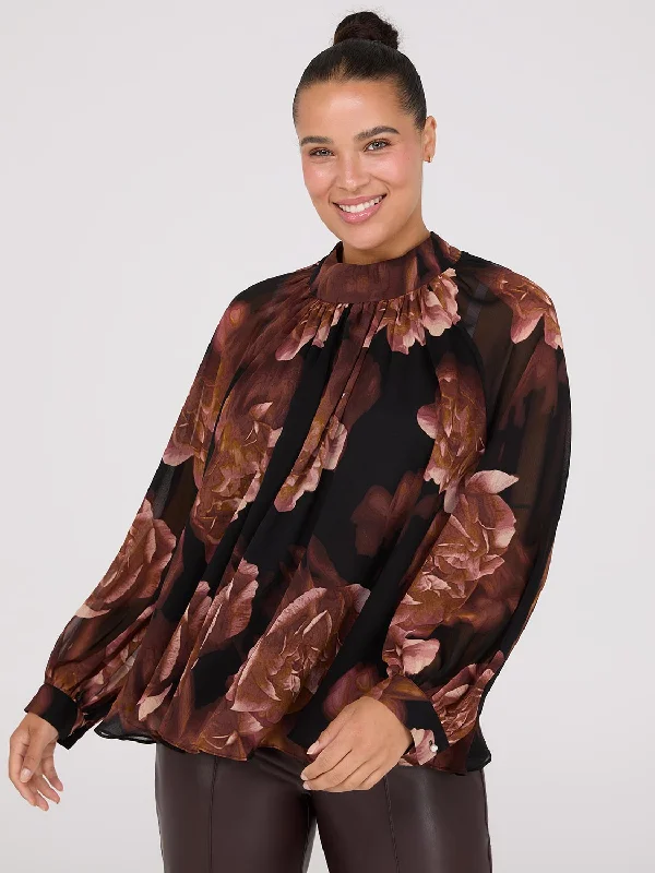 Printed Chiffon High Neck Blouse Romantic Lace Blouse