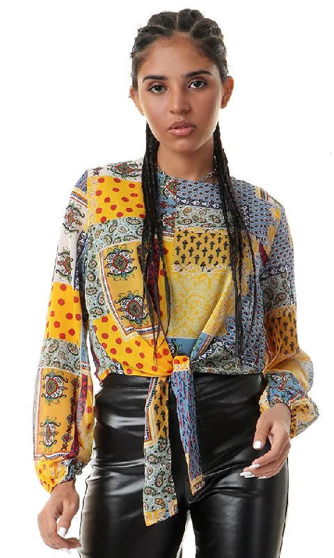 57020 Multi-Pattern Long Sleeves Blouse - Multicolour Mandarin Collar Blouse