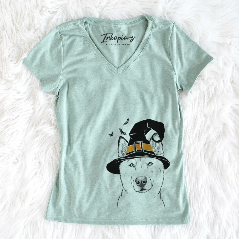 Witch London the Siberian Husky - Women's V-neck Shirt-- Lace Blend Ribbed Blend Corduroy Blend