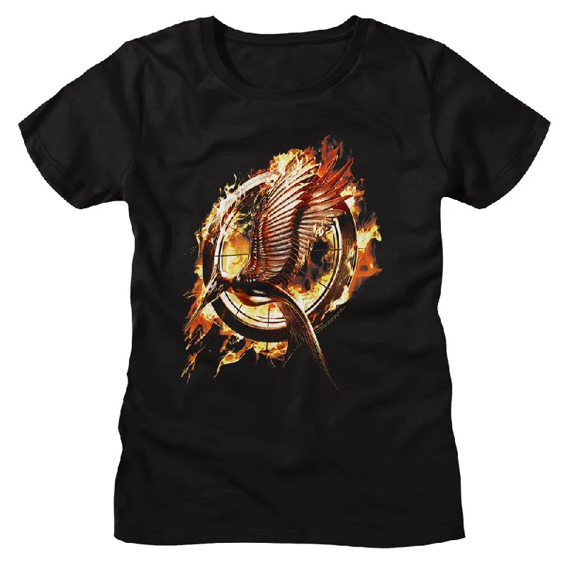 Women Exclusive HUNGER GAMES T-Shirt, Catching Fire Mockingjay-- Mesh Blend Leather Blend Suede Blend