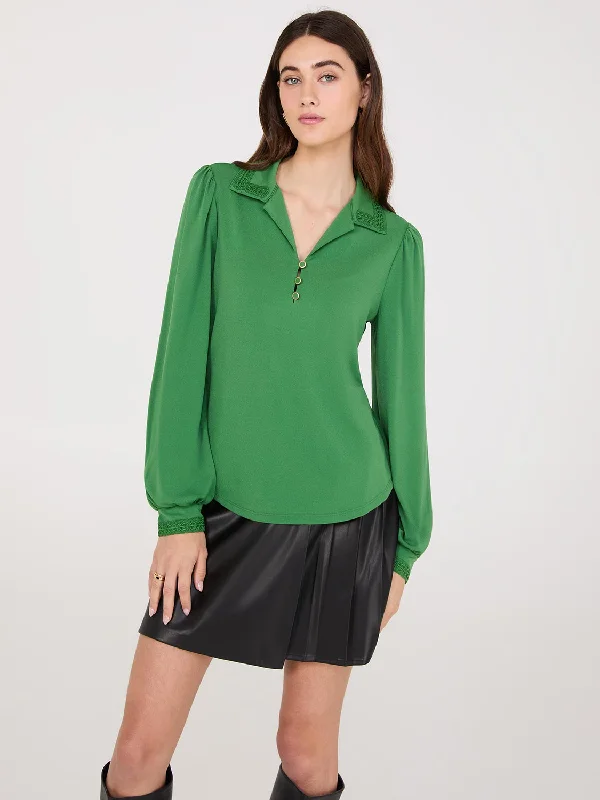 Embroidered Collar Button-Front Blouse Side Tie Blouse