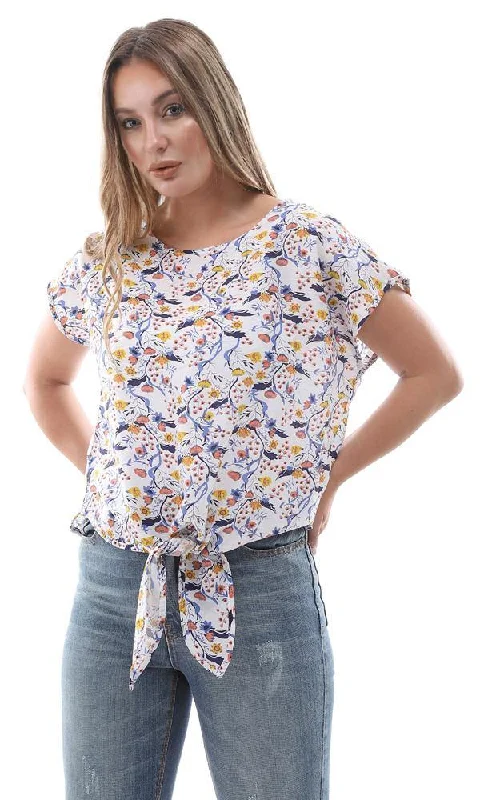 94733 Cap Sleeves Floral Blouse With Front Tie - Blue & Yellow Feminine Ruffle Blouse