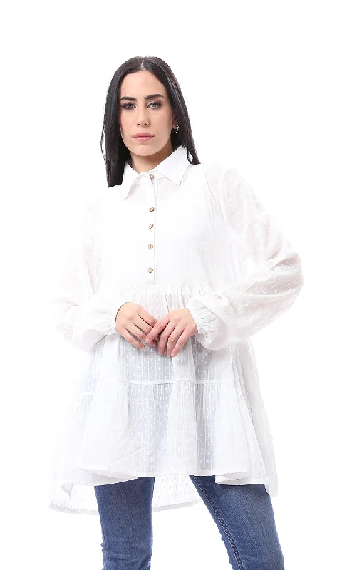 97044 Self Pattern Long Sleeves Buttoned Long Blouse Ruched Sleeve Blouse
