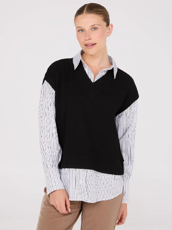 2-Fer Striped Blouse With Short Sleeve Top Feminine Pastel Blouse
