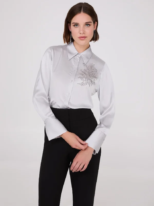 Rhinestone Embellished Button-Front Blouse Embroidered Floral Blouse