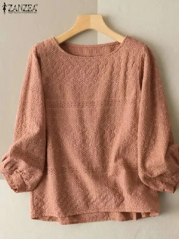 Oversized Women Cotton Blouse ZANZEA L S4709183 Peter Pan Collar Blouse