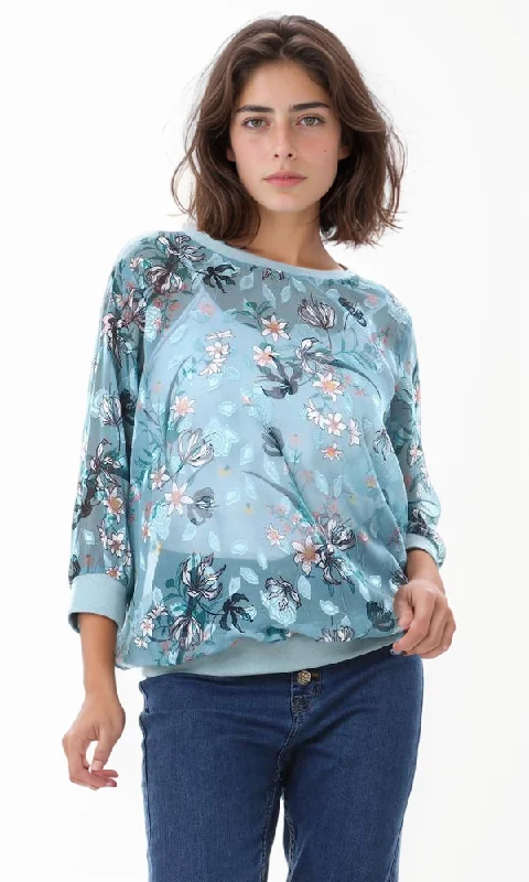 56921 See Through Floral Slip On Blouse - Teal Blue Casual Button Blouse