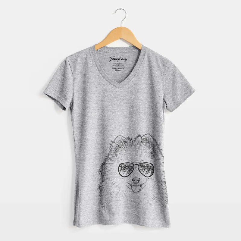 Aviator Piper Jo the Pomeranian - Women's V-neck Shirt-- Fashionable Trendy Casual
