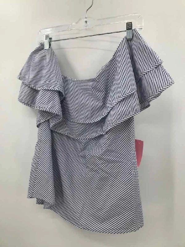 Pre-Owned WHBM Blue Size 8 Stripe Blouse Pleated Collar Blouse