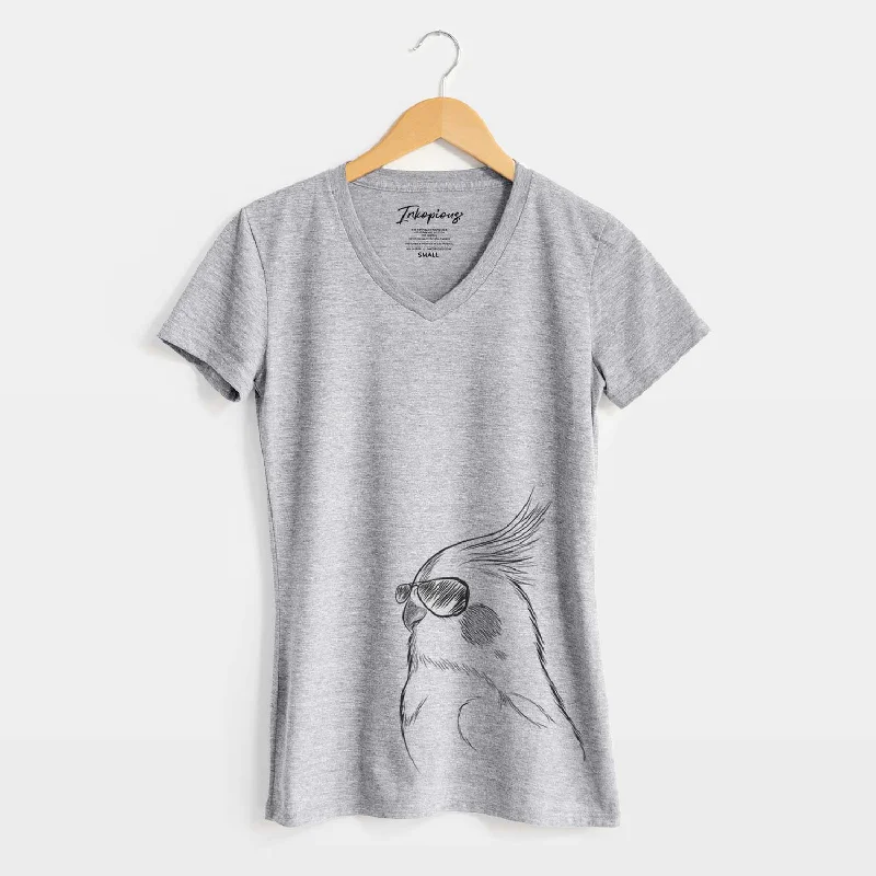 Aviator Charlie the Cockatiel - Women's V-neck Shirt-- Welt Pockets Slit Pockets