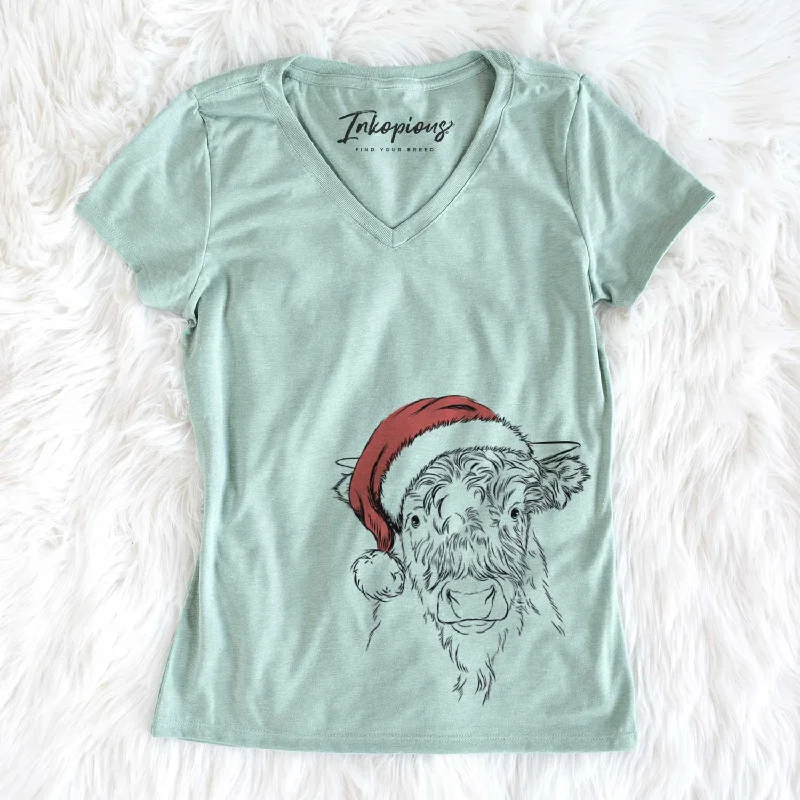 Santa Mack the Scottish Highland Cow - Women's V-neck Shirt-- Knit Fabric Woven Fabric Fleece Fabric