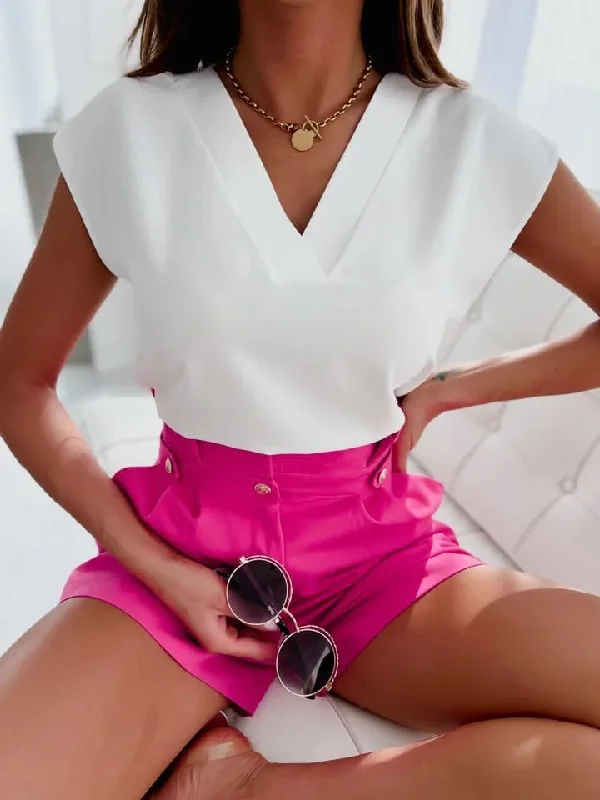 Women Loose Blouses Summer Shirts V Neck Short Sleeve Solid Color Blouses 2XL 109341 Peter Pan Blouse