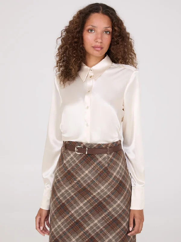 Satin Button-Front Blouse With Side Ruching Double Button Blouse