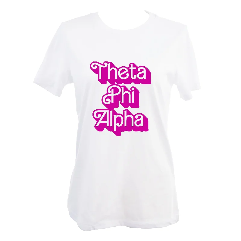 Theta Phi Alpha T-Shirt- Retro Dolly Sorority Name Design, Relaxed Fit-- Solid Print Embellished