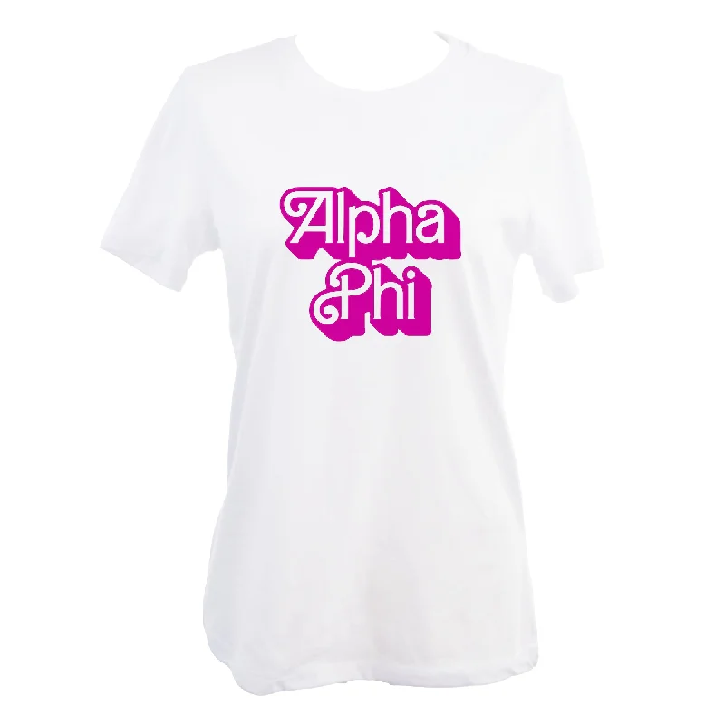 Alpha Phi T-Shirt- Retro Dolly Sorority Name Design, Relaxed Fit-- Chenille Brocade Lace